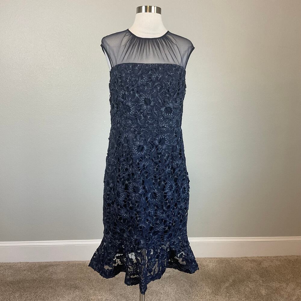 Aidan Mattox Lace Sleeveless Midi Sheath Party Cocktail Dress Blue Size 10 - Picture 2 of 11